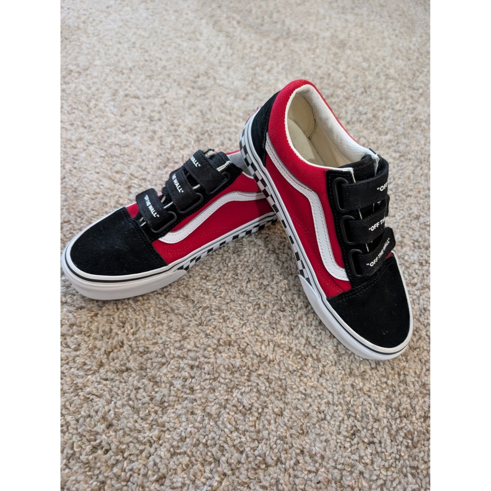 Vans Old Skool V Red Black Checkerboard Triple Strap Sneakers 7W 5.5M
